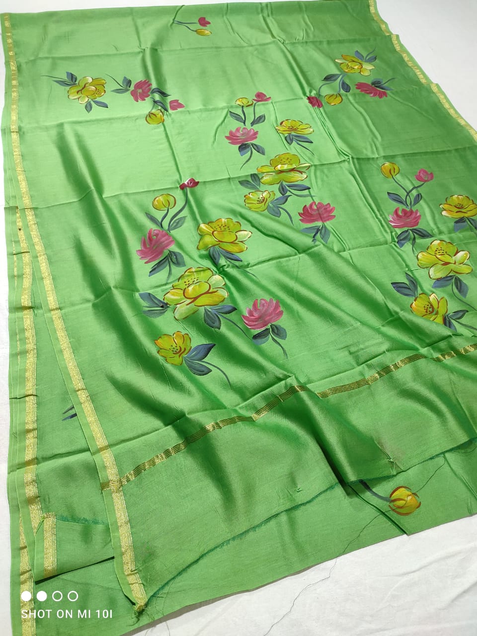 chanderi silk floral hand painted saree | Natural Dye | running blouse | green colour