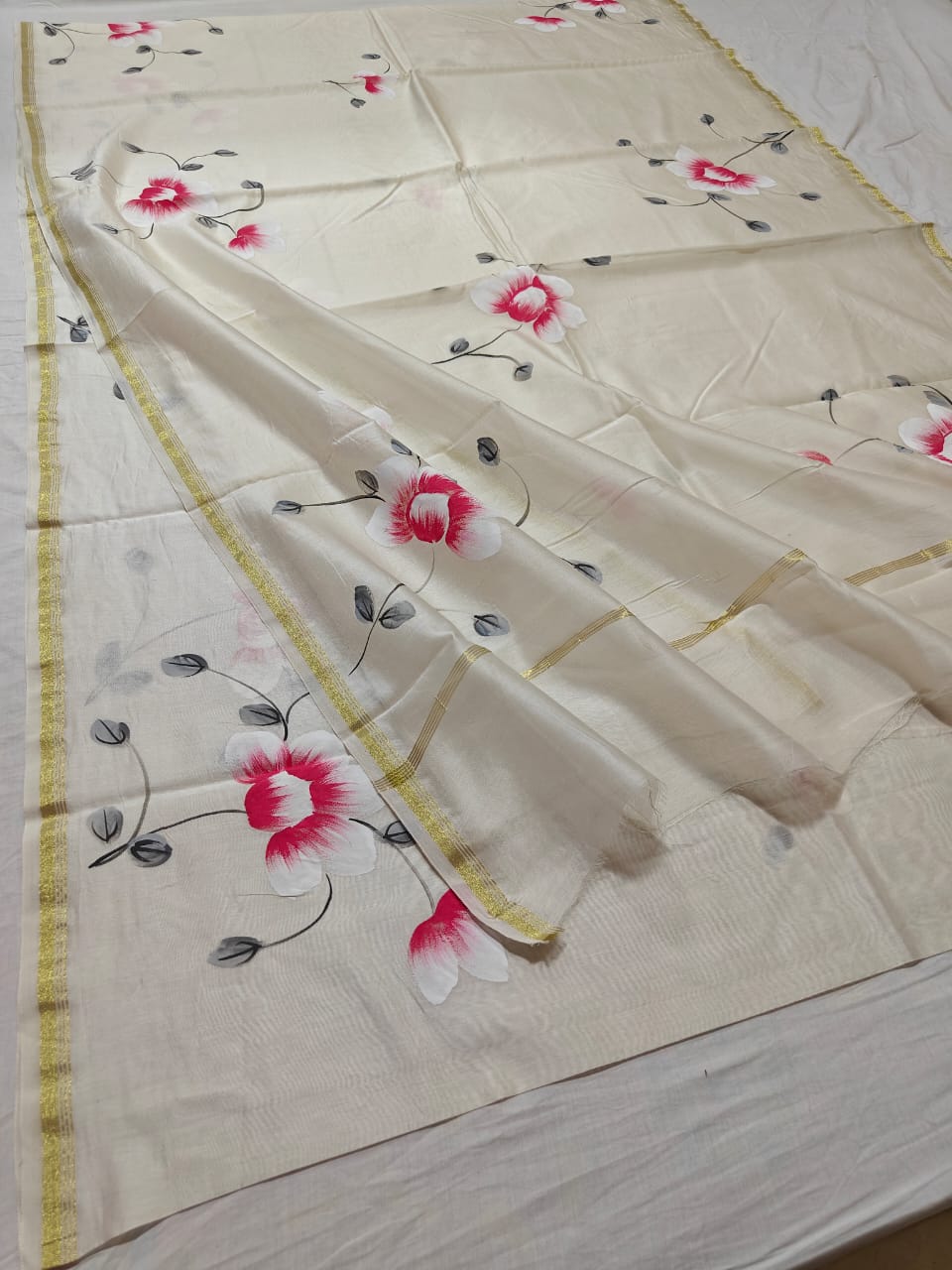 chanderi silk floral hand painted saree | Natural Dye | running blouse | white color