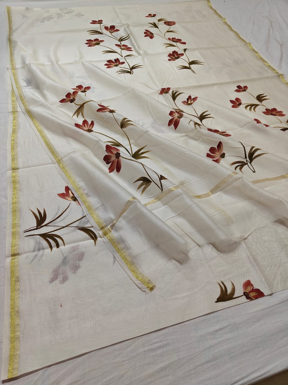 chanderi silk floral hand painted saree | Natural Dye | running blouse | white color
