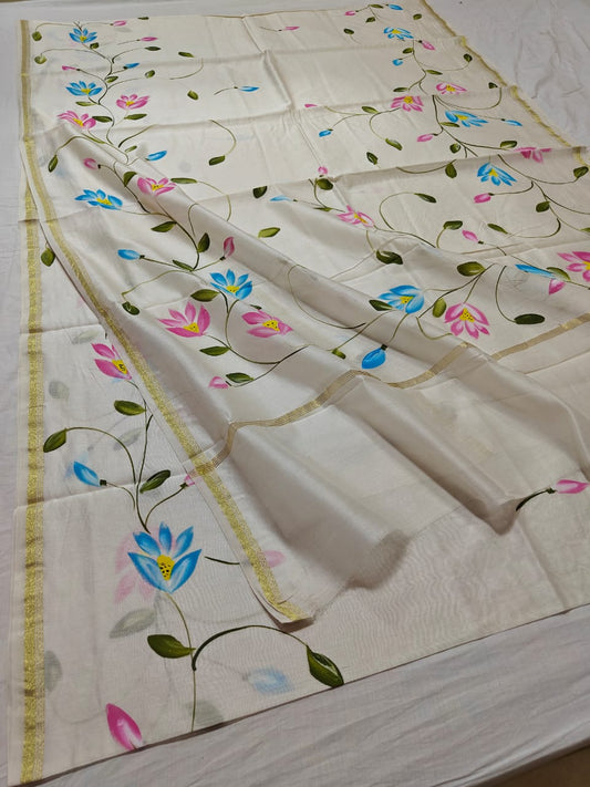 chanderi silk floral hand painted saree | Natural Dye | white colour