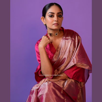 "Onion Pink Chanderi Saree with Silver Zari Shine | Luxurious Handloom Chanderi Pure Tissue Saree | Perfect for Parties"