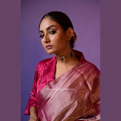 "Onion Pink Chanderi Saree with Silver Zari Shine | Luxurious Handloom Chanderi Pure Tissue Saree | Perfect for Parties"