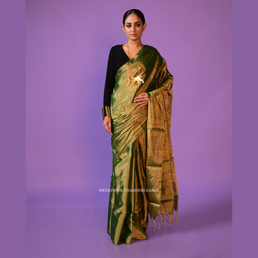 Bottle green handloom Chanderi non transparent tissue saree | Golden Zari work