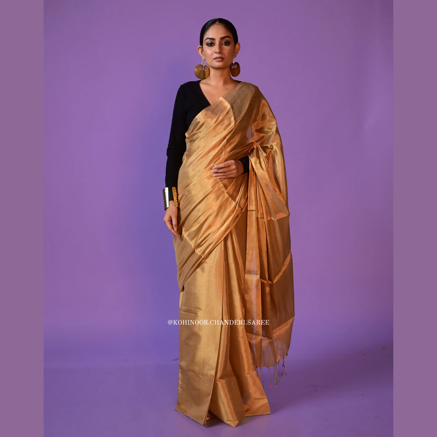 Golden pure handloom Chanderi non transparent tissue saree |  golden zari work