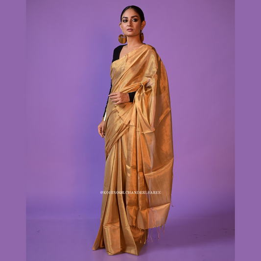 Golden pure handloom Chanderi non transparent tissue saree |  golden zari work