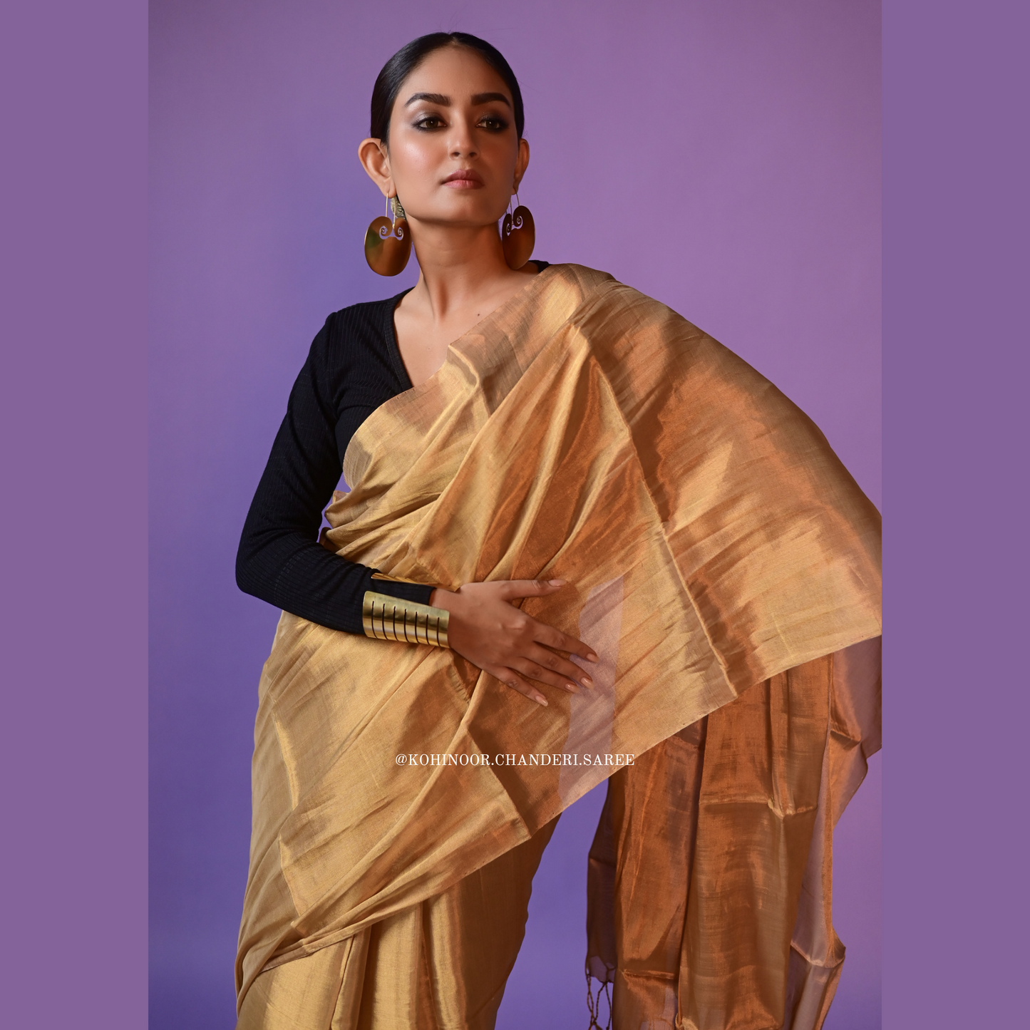 Golden pure handloom Chanderi non transparent tissue saree |  golden zari work