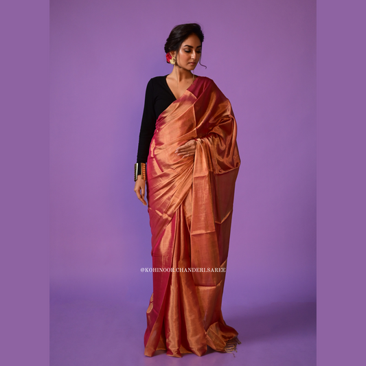 Hot pink | handloom chanderi tissue saree| golden zari work