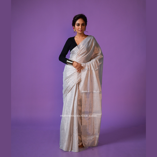 Chandi ,Silver | handloom Chanderi non transparent tissue saree | silver zari work