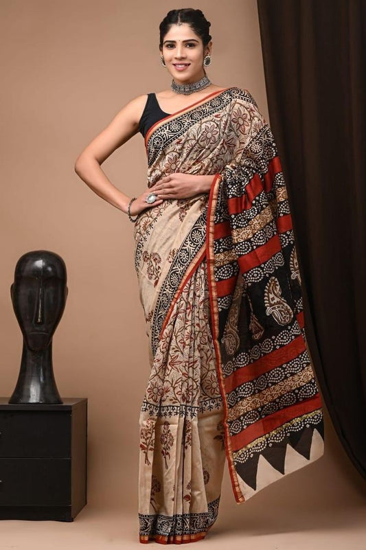 handblock Kalamkari   printed chanderi silk saree | with blouse peice netural dye | non remuvable print|