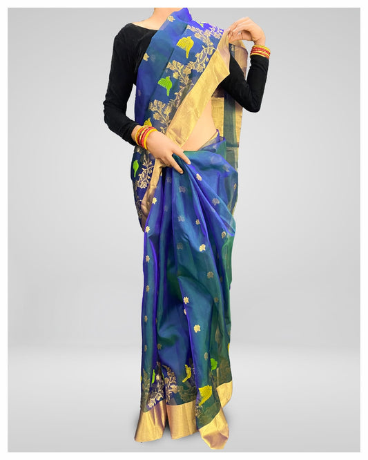 Handwoven chanderi pure katan silk saree| blue | plain border