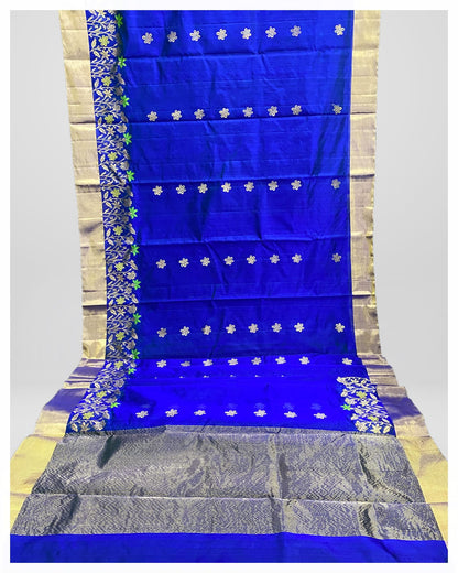 handwoven Chanderi pure Pattu Silk Saree | Blue | Golden Zari