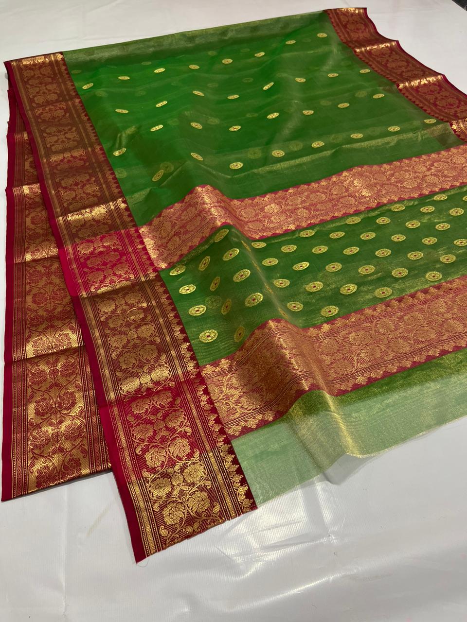 Kohinoor Chanderi Katan Tissue Saree | Green | Golden Zari