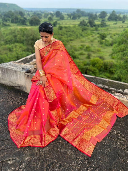 Handwoven chanderi pure katan silk | orange | desiner border|