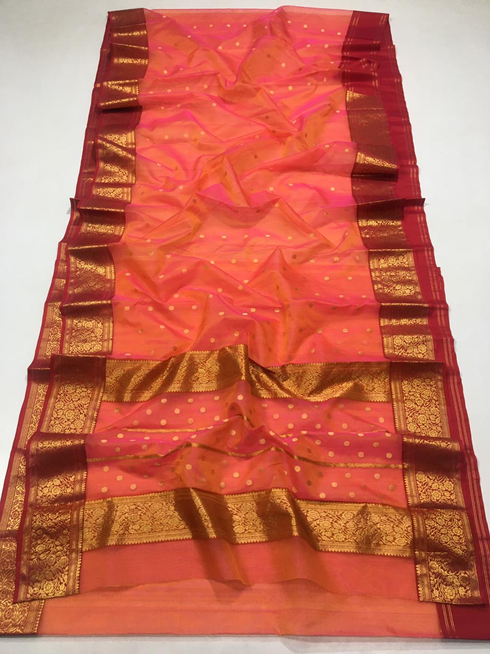 Handwoven chanderi pure katan silk | orange | desiner border|