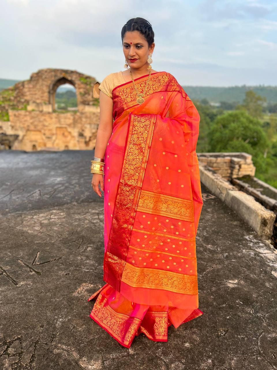 Handwoven chanderi pure katan silk | orange | desiner border|