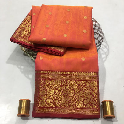 Handwoven chanderi pure katan silk | orange | desiner border|