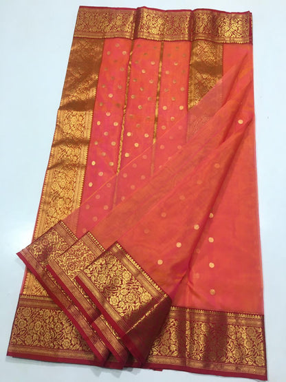 Handwoven chanderi pure katan silk | orange | desiner border|