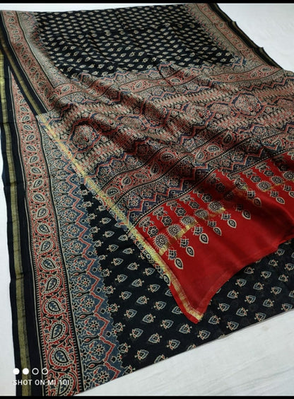 chanderi silk ajrakh block print saree| natural dye| multicolor