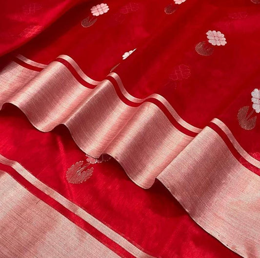 Handwoven chanderi pure pattu silk saree | red| silver zari