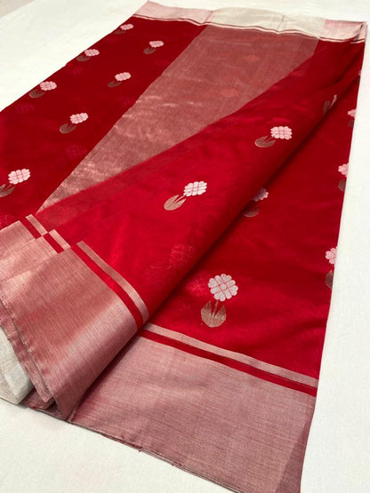 Handwoven chanderi pure pattu silk saree | red| silver zari