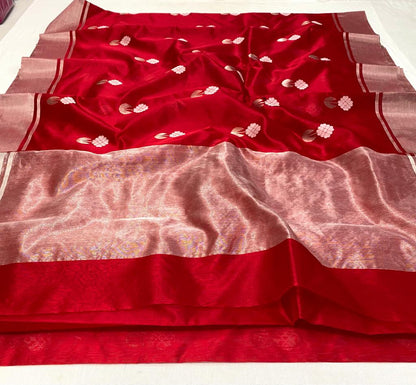 Handwoven chanderi pure pattu silk saree | red| silver zari