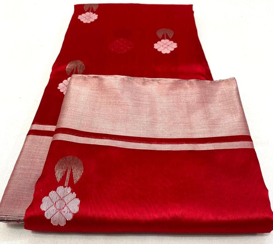 Handwoven chanderi pure pattu silk saree | red| silver zari