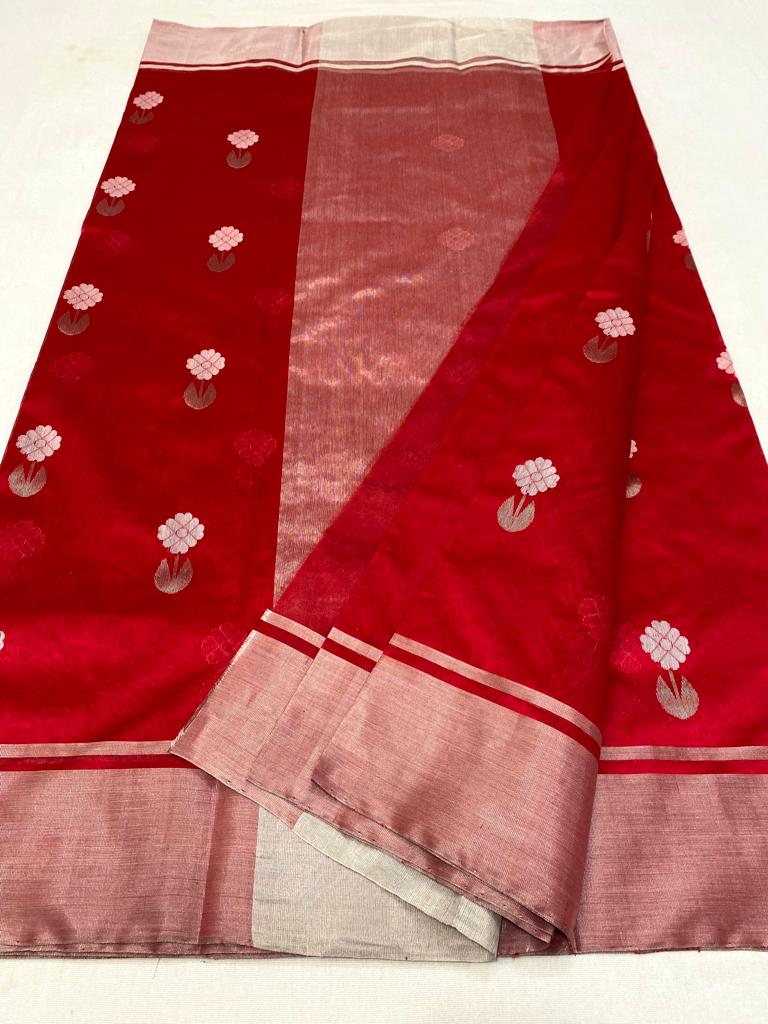 Handwoven chanderi pure pattu silk saree | red| silver zari