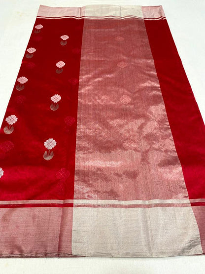 Handwoven chanderi pure pattu silk saree | red| silver zari