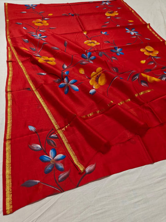 chanderi silk floral hand painted saree | Natural Dye | running blouse | red colour