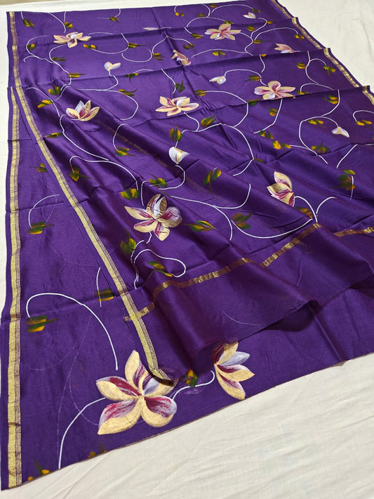 chanderi silk floral hand painted saree | natural dye | purple colour