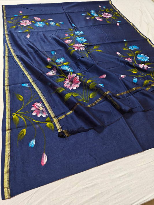 chanderi silk floral hand painted saree | Natural Dye | running blouse | midnight blue