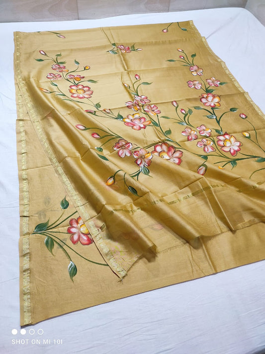 chanderi silk floral hand painted saree | Natural Dye | running blouse | yellowish colour