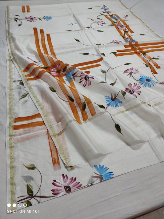 chanderi silk floral hand painted saree | Natural Dye | running blouse | white colour