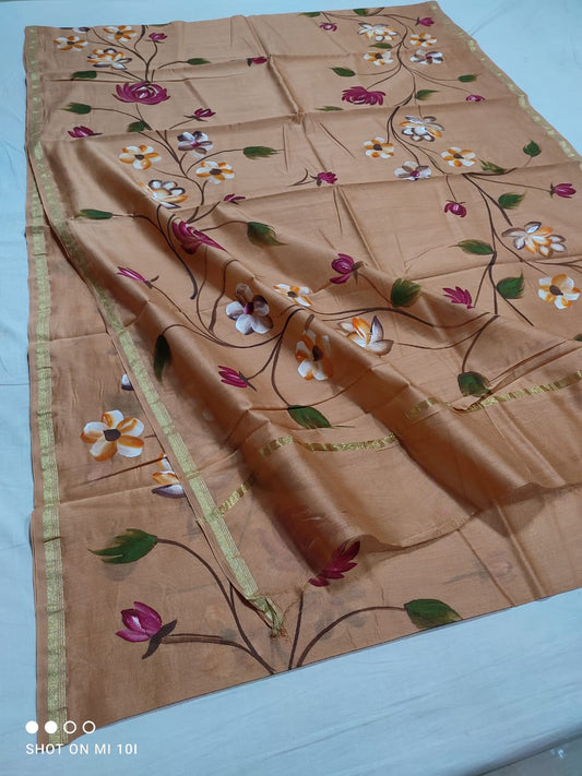 chanderi silk floral hand painted saree | natural dye | light brown