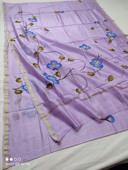 chanderi silk floral hand painted saree | natural dye | purple colour