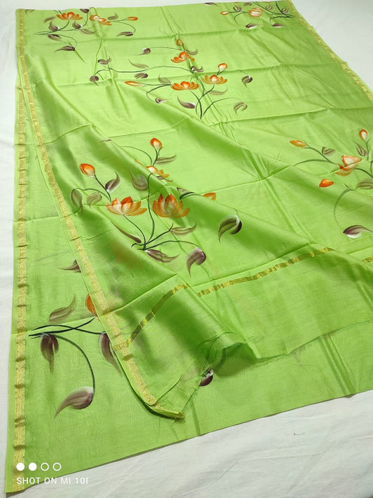 chanderi silk floral hand painted saree | Natural Dye | running blouse | green color