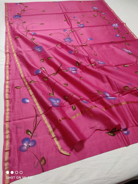 chanderi silk floral hand painted saree | natural dye | Rani pink colour