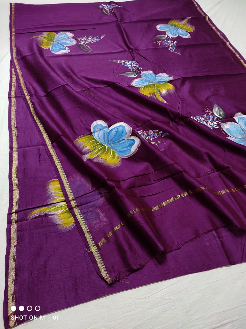 chanderi silk floral hand painted saree | Natural Dye | running blouse | purple colour
