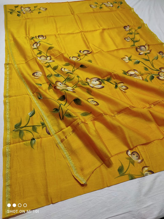 chanderi silk floral hand painted saree | natural dye | yellow colour