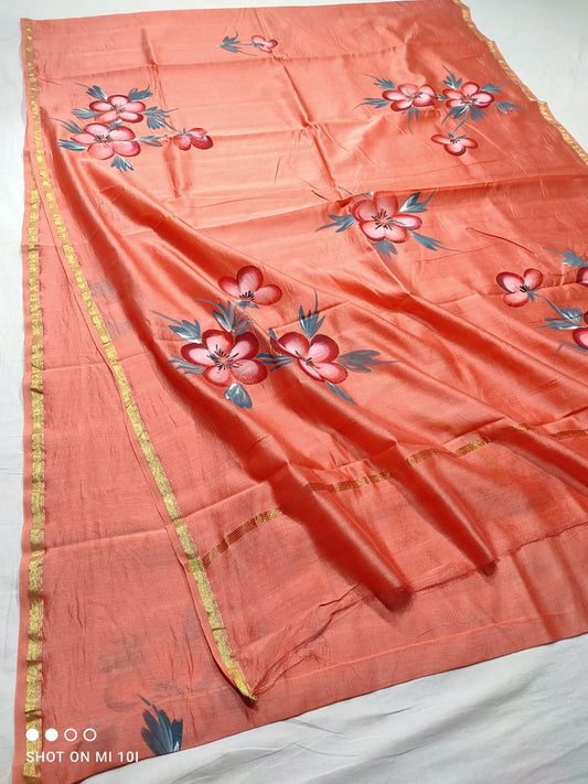 chanderi silk floral hand painted saree | Natural Dye | running blouse | orange colour