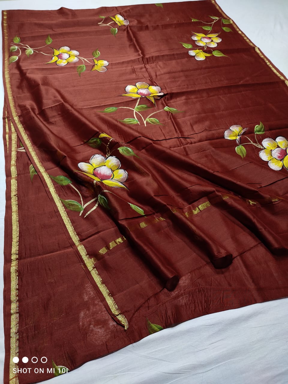 chanderi silk floral hand painted saree | Natural Dye | running blouse | chocolate colour