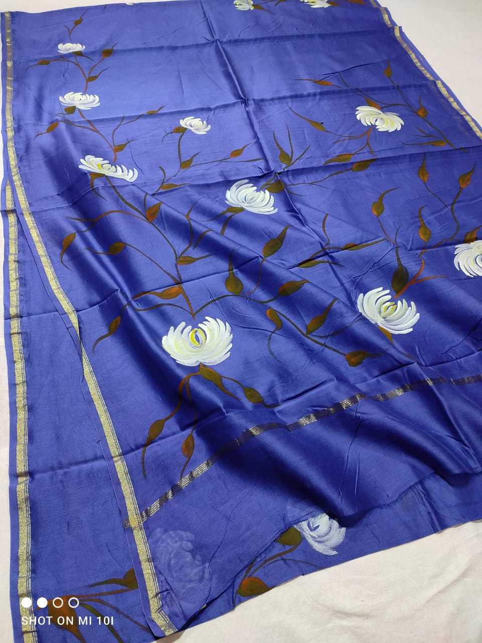 chanderi silk floral hand painted saree | Natural Dye | running blouse | blue colour