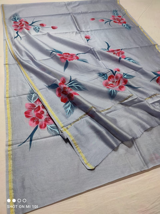 chanderi silk floral hand painted saree | natural dye | light grey