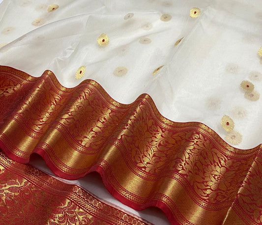 Chanderi katan silk saree | white | desiner border