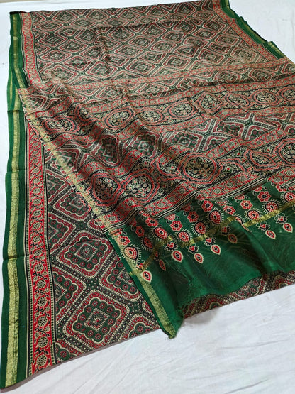 "Multicoloured Ajrakh Magic: Chanderi Silk Cotton Saree with Softness and Elegance"