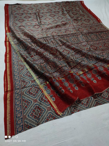 "Multicoloured Ajrakh Magic: Chanderi Silk Cotton Saree with Softness and Elegance"