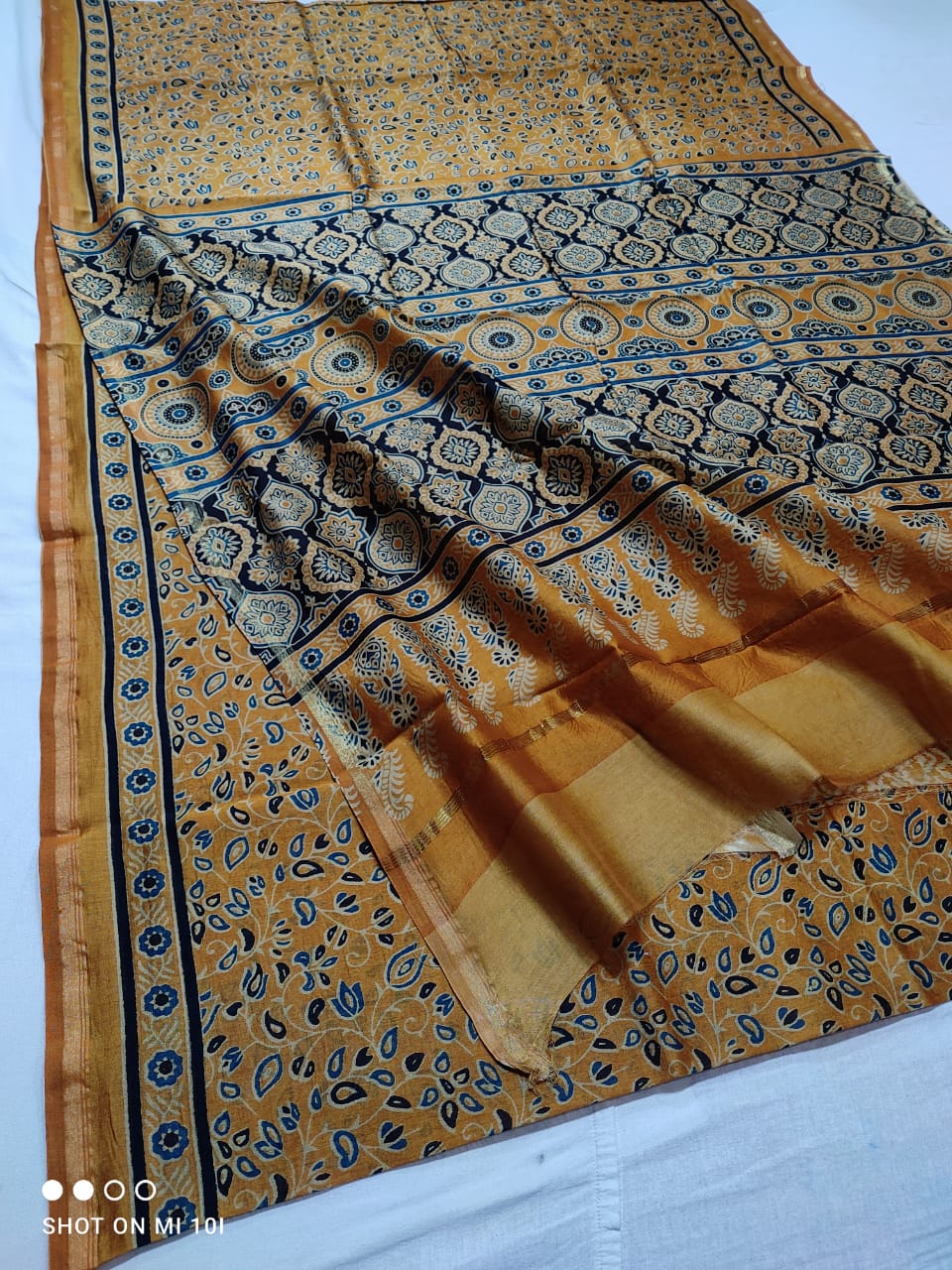 CHANDERI SILK AJRAKH BLOCK PRINT SAREE | RUNNING BLOUSE | NETURAL DYE |