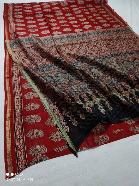 CHANDERI SILK AJRAKH BLOCK PRINT SAREE | RUNNING BLOUSE | NETURAL DYE |