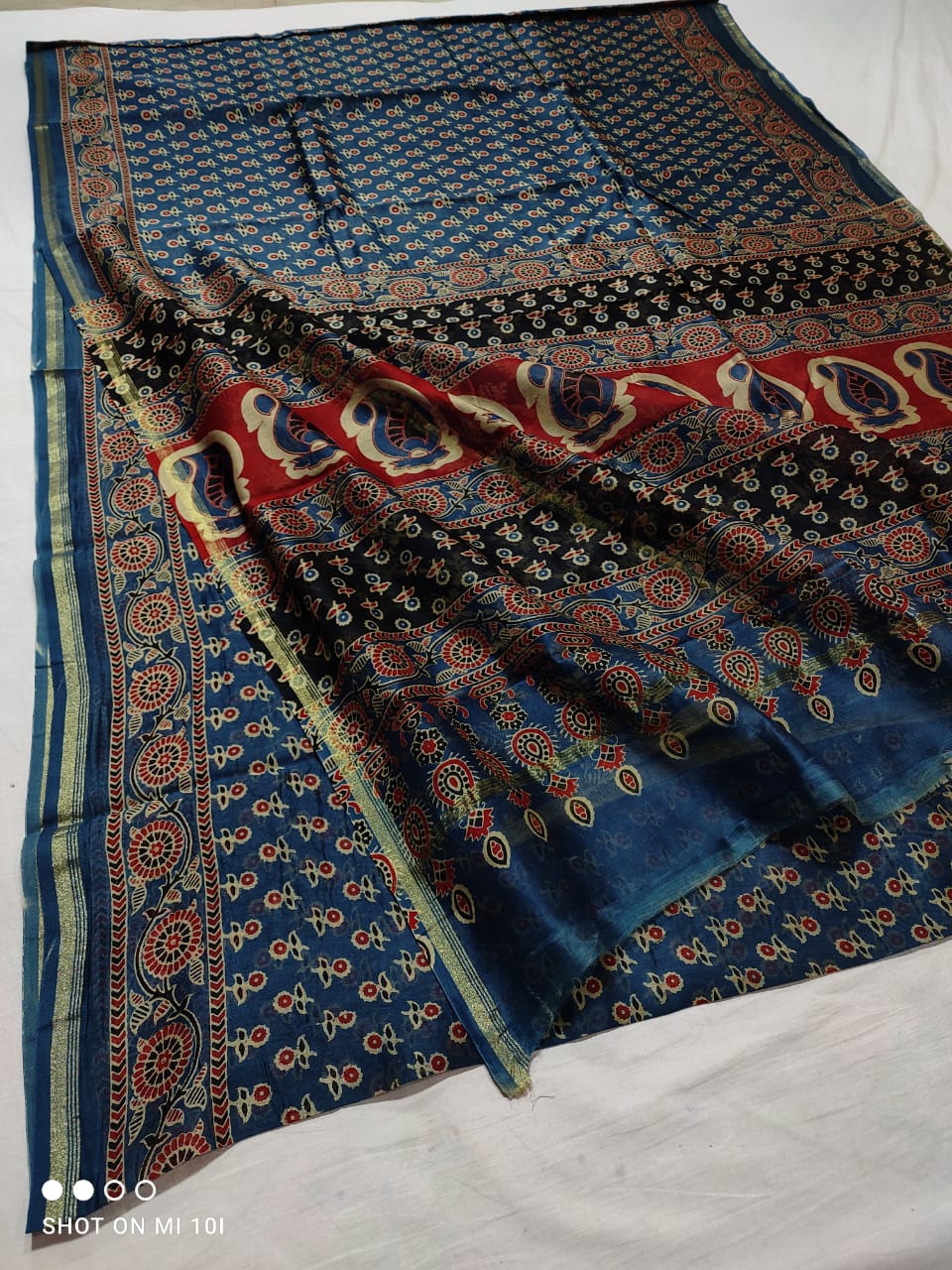 CHANDERI SILK AJRAKH BLOCK PRINT SAREE | RUNNING BLOUSE | NETURAL DYE |