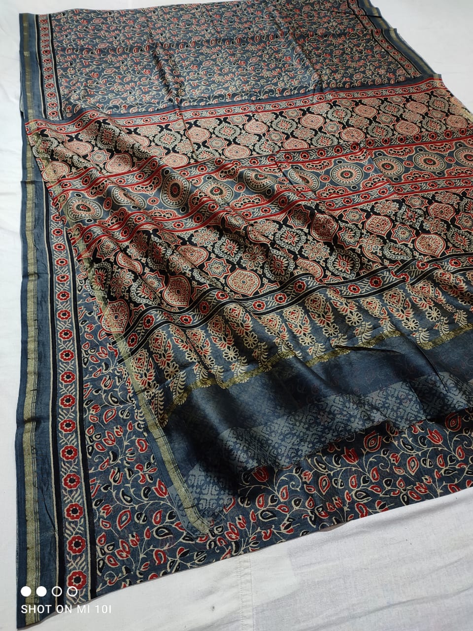 CHANDERI SILK AJRAKH BLOCK PRINT SAREE | RUNNING BLOUSE | NETURAL DYE |